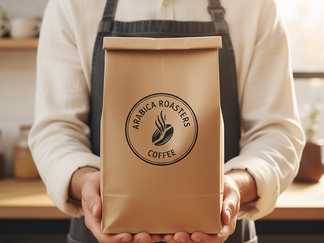 CarryCraft A person in an apron holding a custom-branded CarryCraft paper coffee bag for Arabica Roasters.