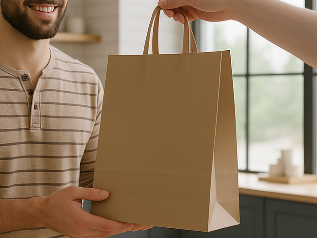 CarryCraft A smiling store associate handing a brown CarryCraft paper shopping bag to a customer.