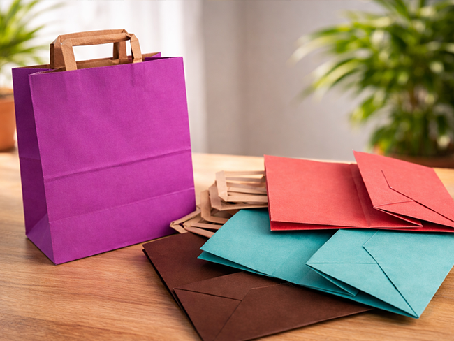 CarryCraft Large stacks of CarryCraft flat handle paper bags in different colors for wholesale distribution.