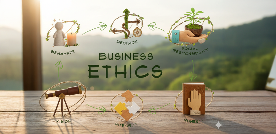 A visual infographic of business ethics pillars including Vision, Behavior, Decision, Integrity, Honesty, and Social Responsibility.