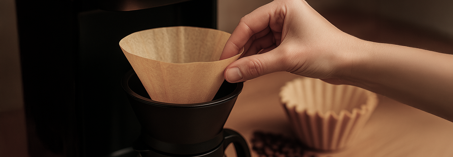 A hand placing a TruBrew natural brown paper filter into a black pour-over coffee dripper.