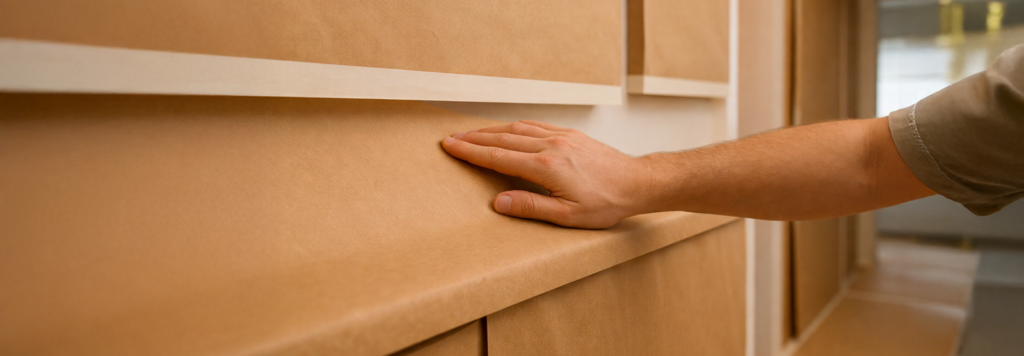 A person’s hand smoothing down Paktek brown kraft paper protecting a kitchen cabinet during renovation.