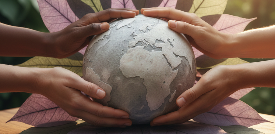 Diverse hands of various ethnicities holding a stone-textured globe, symbolizing global unity and human rights.