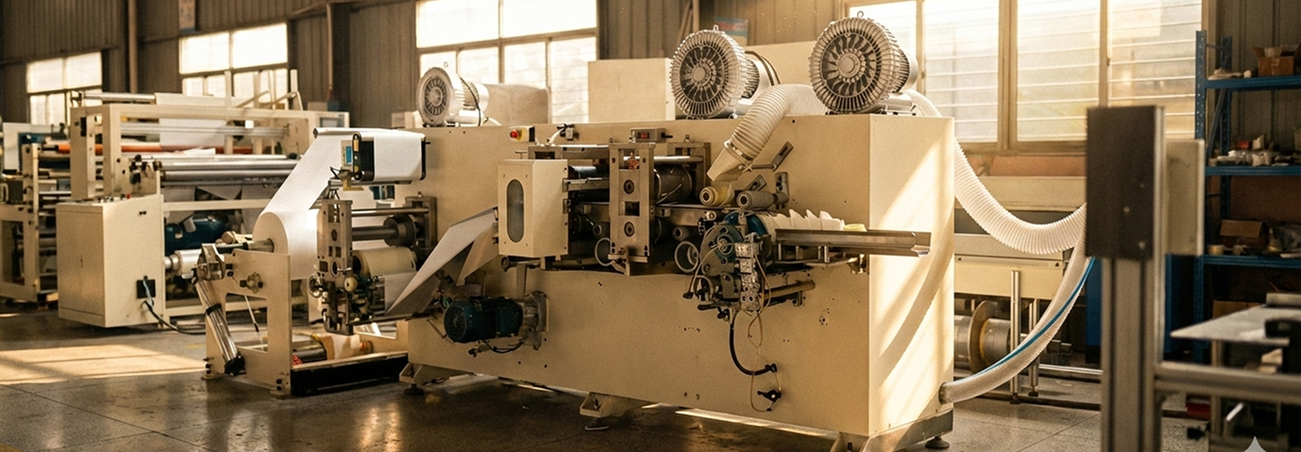 Large-scale industrial machinery inside the Nordisk Paper Umbrella factory producing precision-cut coffee filters.