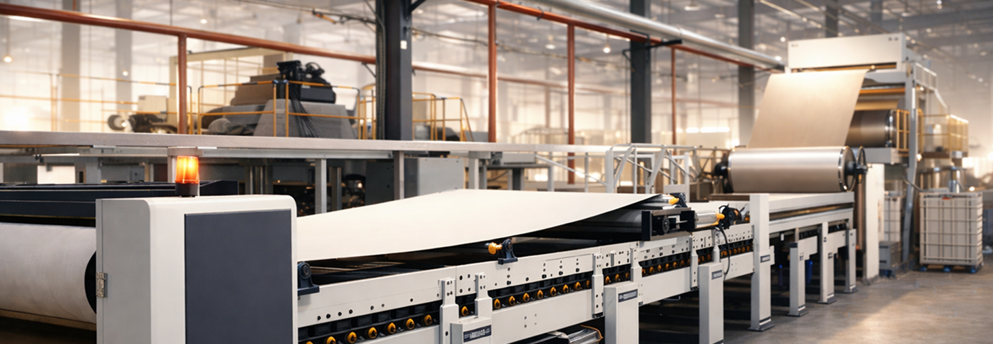 A wide shot of a modern, automated paper production and conversion line in a Pappform factory.