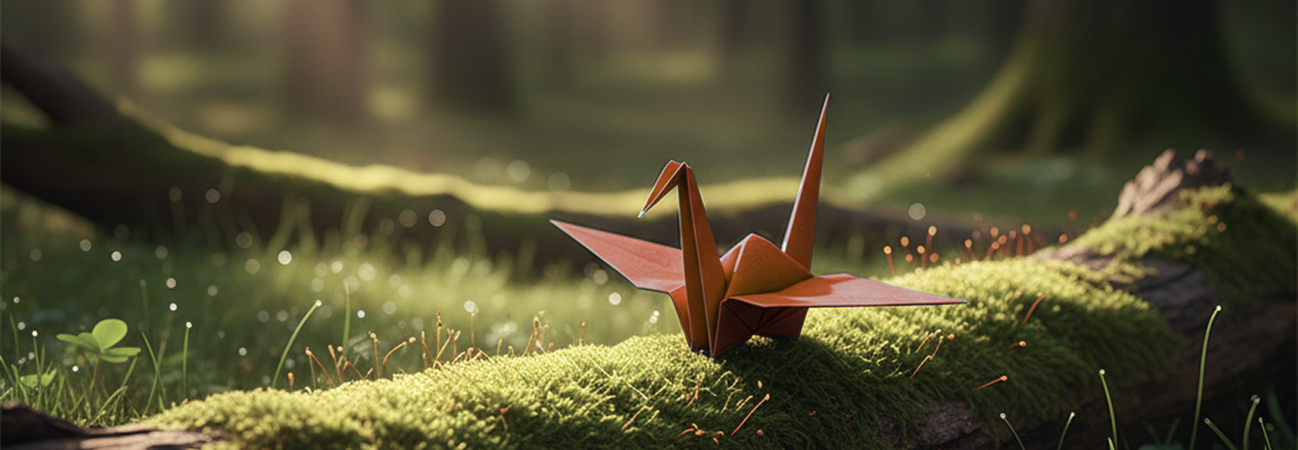 A brown origami crane made from CarryCraft paper resting on a mossy log in a sunlit forest.