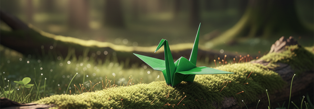 A green origami crane made from Paktek paper resting on a moss-covered log in a forest.