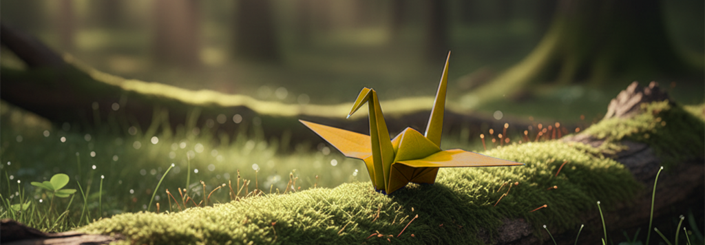 A yellow origami crane made of Pappform paper resting on a mossy log in a forest.