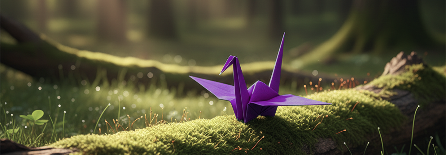 A purple paper origami crane sitting on a mossy log in a forest, symbolizing the precision and paper-craft heritage of Nordisk Paper Umbrella.