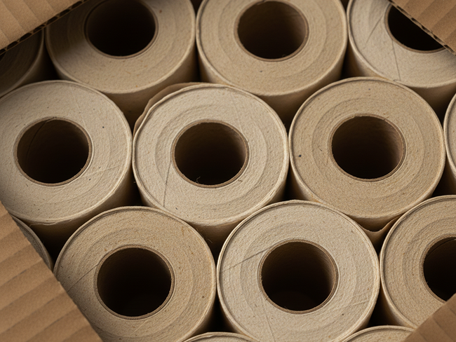 Multiple rolls of Paktek brown industrial paper seen from a top-down perspective.