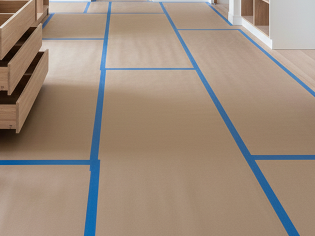 Paktek brown protective paper covering a floor, secured with blue painter's tape.