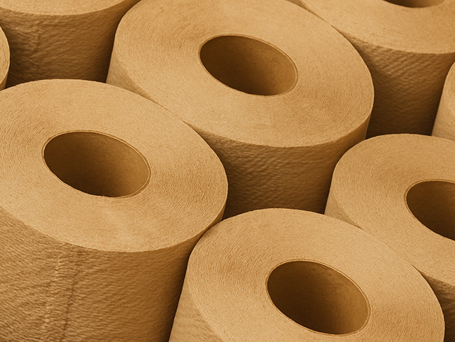 Massive rolls of Paktek paper mounted on industrial winding machinery in a bright factory.