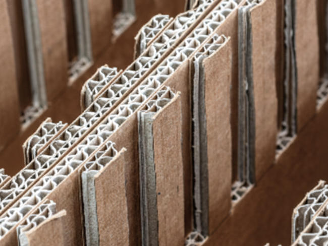 Macro view of multi-layered corrugated cardboard structures showing the fluting and liners.