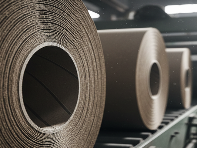Large rolls of brown specialty paper stored on an industrial shelving unit.