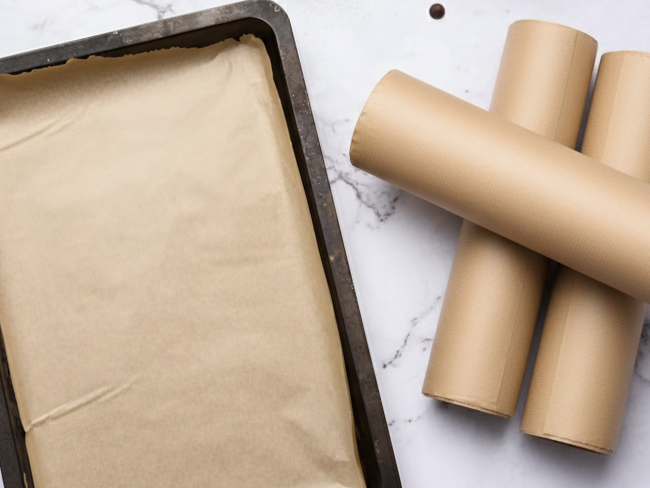 A baking sheet lined with Pappform brown greaseproof paper next to paper rolls on a marble surface.