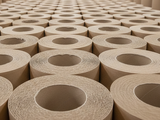 An overhead view of rows of paper rolls organized in a Pappform distribution center.