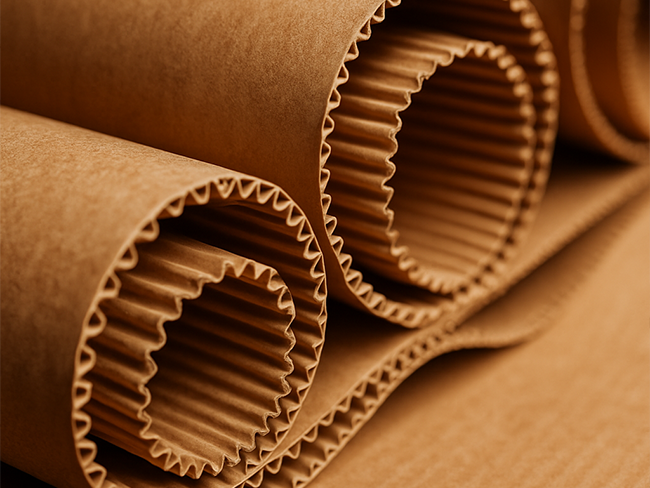 Two rolls of single-face corrugated paper showing the exposed wavy fluting.
