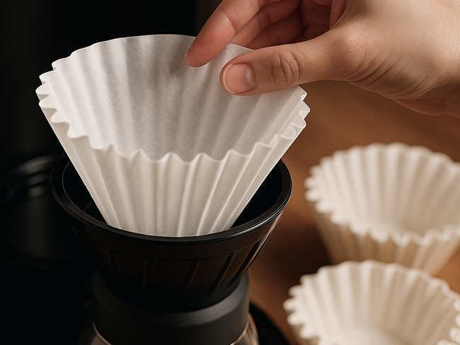 TruBrew Close-up of a white bleached TruBrew paper filter being inserted into a black conical coffee dripper.