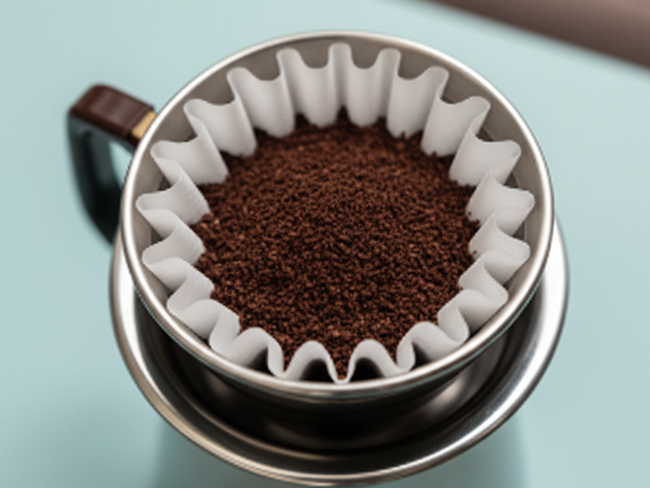 TruBrew Top-down view of medium-ground coffee inside a white TruBrew fluted filter sitting in a metal dripper.