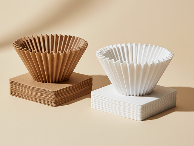 TruBrew One brown and one white TruBrew coffee filter displayed on square pedestals to show variety in size and color.